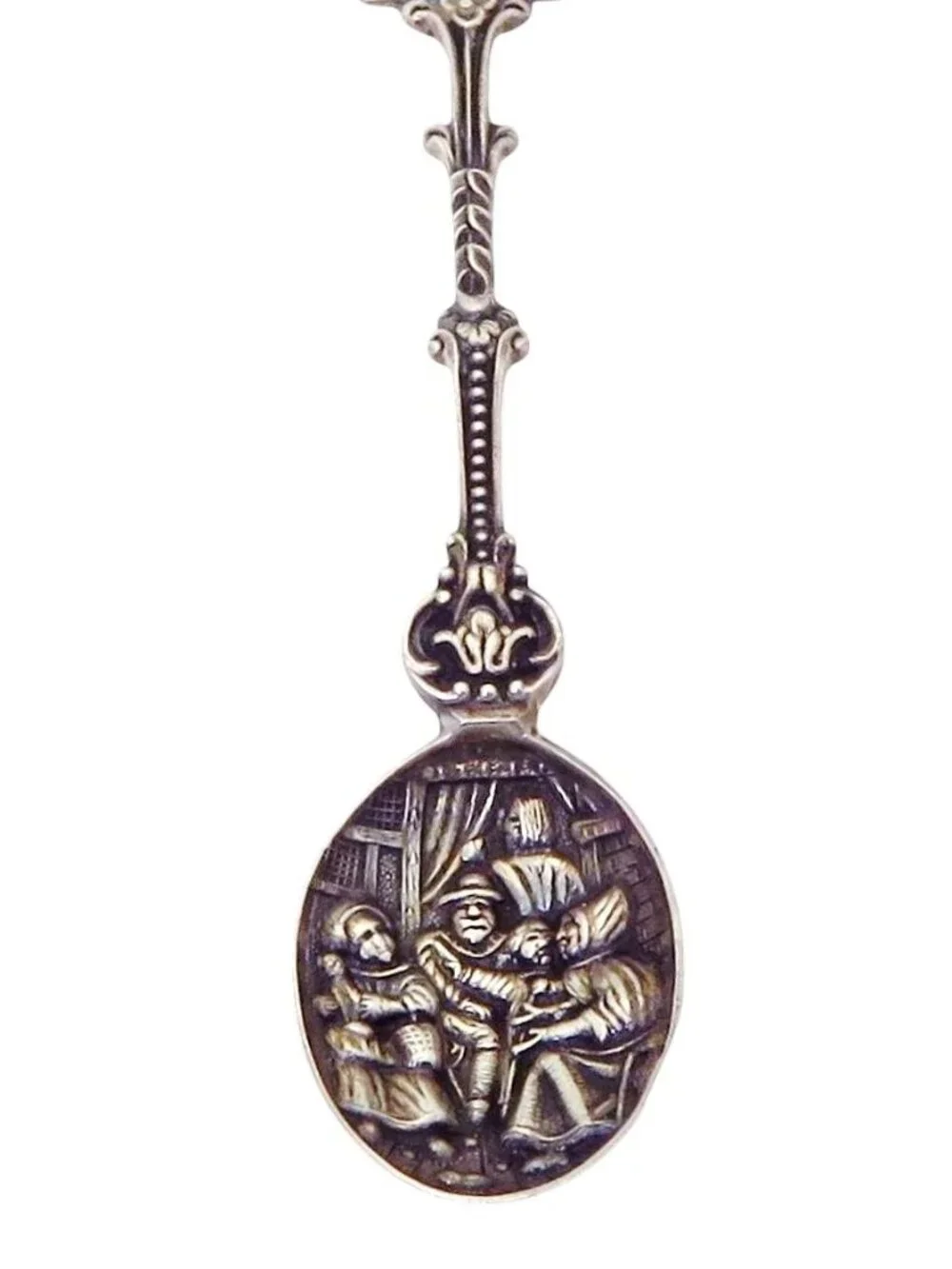 Vintage Dutch Family Folk or Tavern Scene Silver Plated Souvenir Spoon